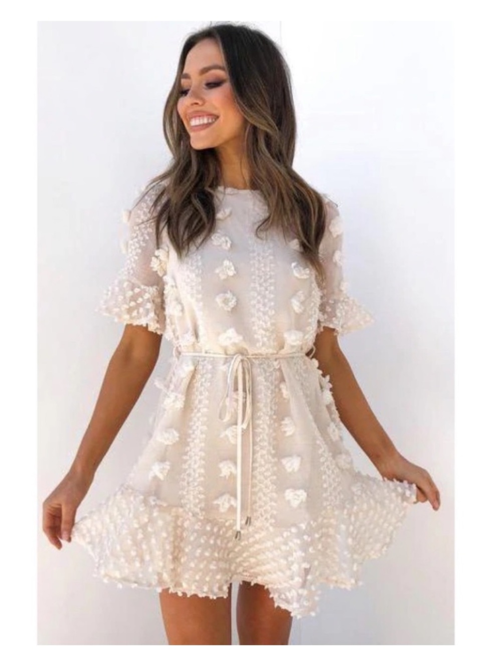 Selfie Leslie Pom 
Swiss Dot mini dress
 flutter sleeve spring party boho $109